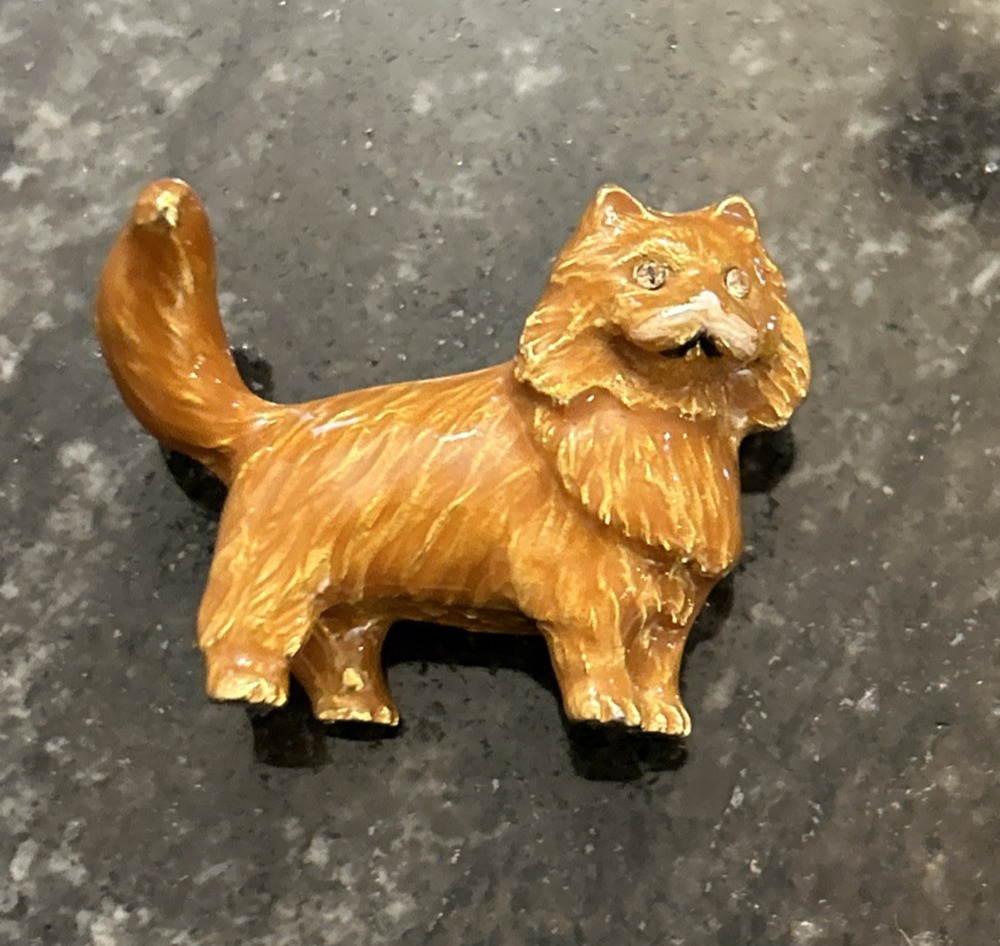 Vtg Erwin E. Pearl Orange Enamel Persian Cat Brooch Pin Clear Rhinestone Eyes